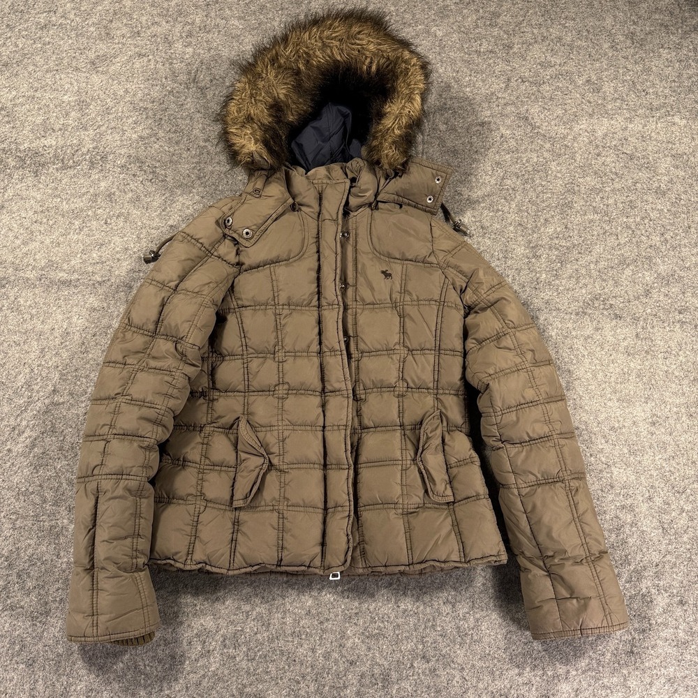 VTG Y2K Abercrombie Fitch Jacket Womens Medium Brown Faux Fur Hooded Down Puffer
